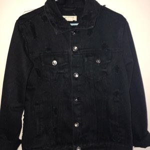 ripped up design black jean jacket